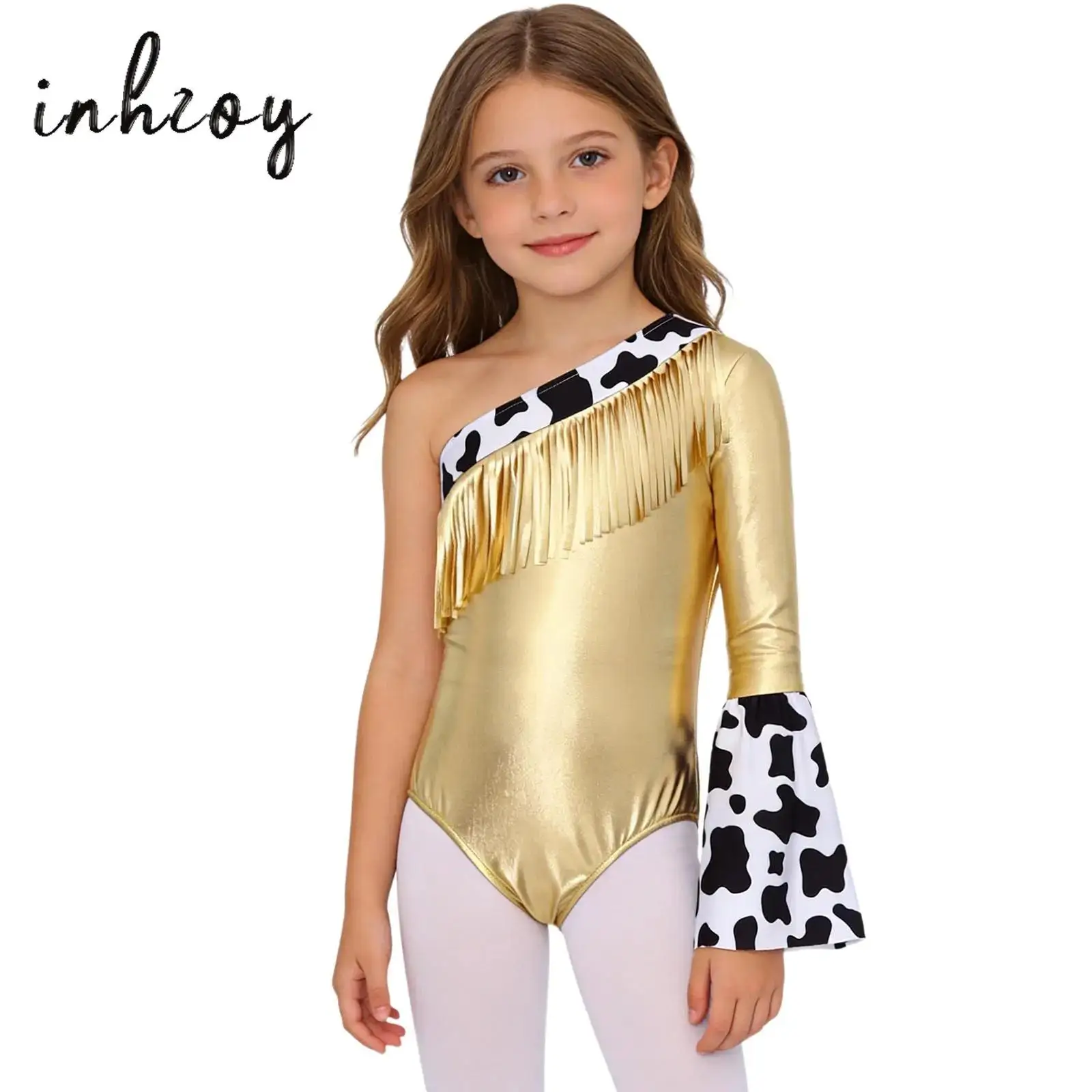

Kids Girls Western Cowgirl Dress Up Costume Jazz Dance Leotard Long Flare Sleeve Fringed Metallic Crotch Press Buttons Bodysuit