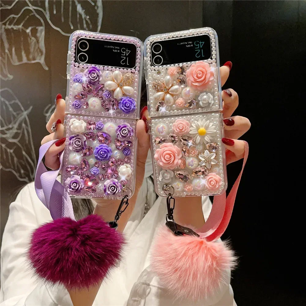 

Luxury Rhinestone Pearl Diamond Flower Wrist Fur Hairball Bling Case For Samsung Galaxy Z Flip 1 2 4 3 5G Phone Cover Capa