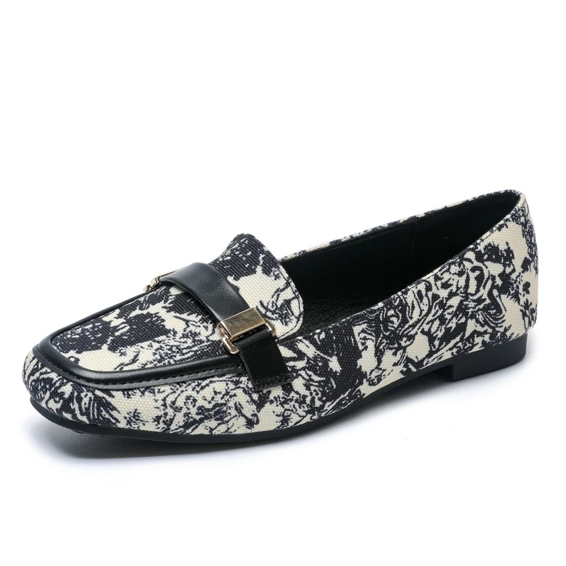 Autumn Flats Women Shoes Belt buckl Loafers cloth printed Women's Low Heels Slip On Footwear Female Square Toe large size