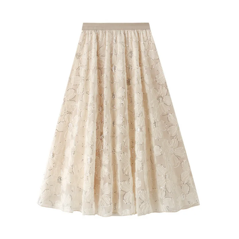 

New In Foral Sequin Tulle Midi Skirt Women 2023 Elegant Sweet A-Line Long Skirts Female Korean Fashion High Waist Tutu Skirt