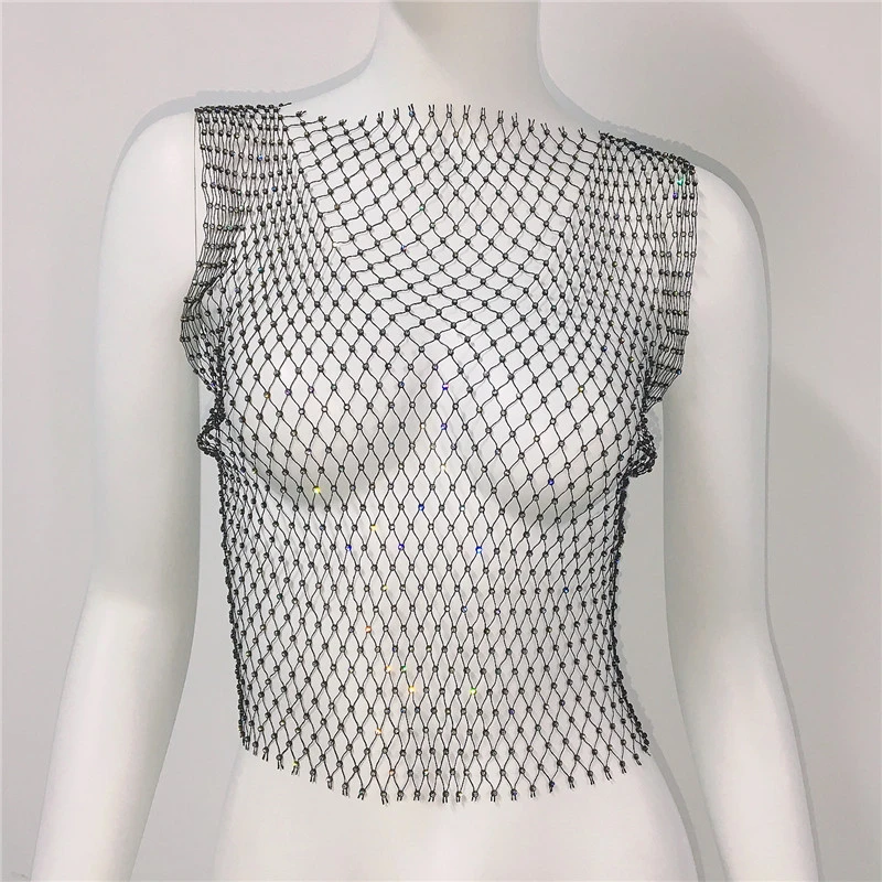 Y2K Tops & Tees: Sexy Mesh Crop Tops für Damen – Sommer 2026 Strass-Mode Party Durchsichtige Fishnet Hollow Out Tanktops – Detail 5