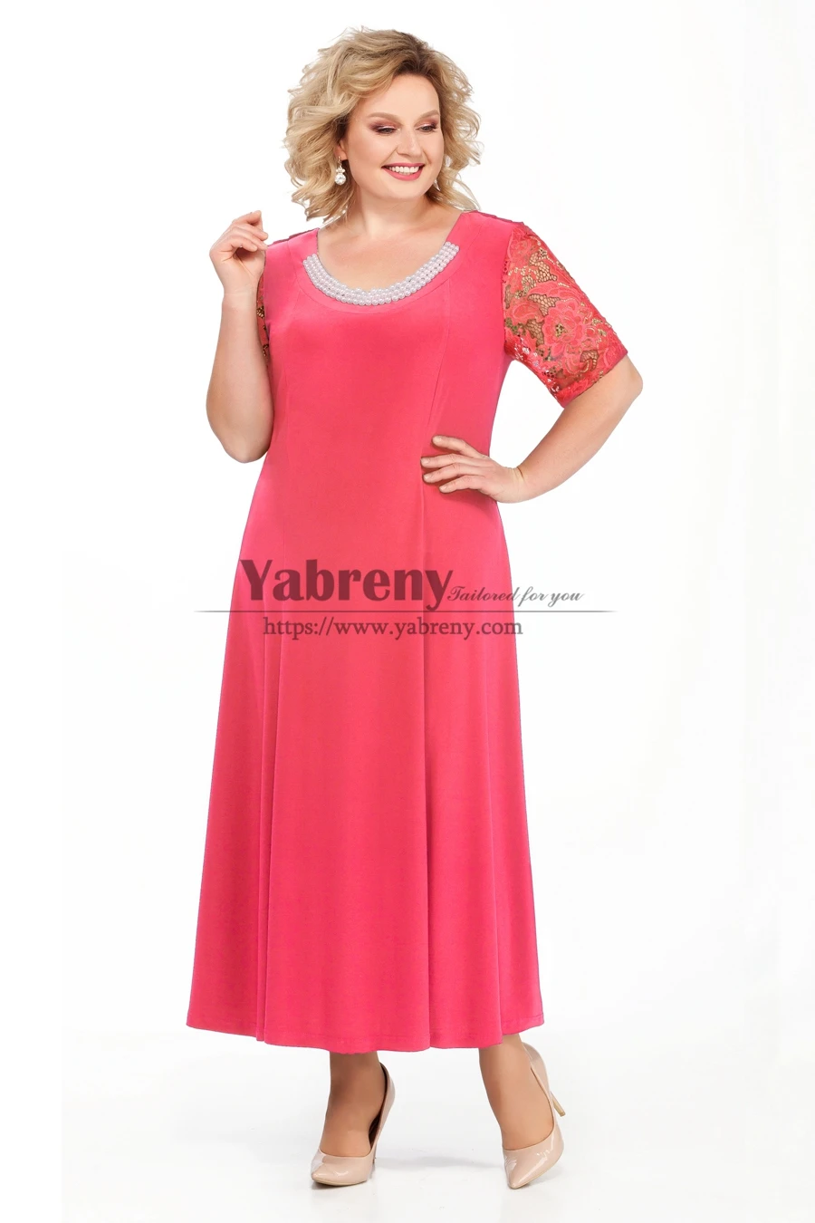 

Plus Size Watermelon Mother of the Bride Dresses Tea-Length Women's Dresses