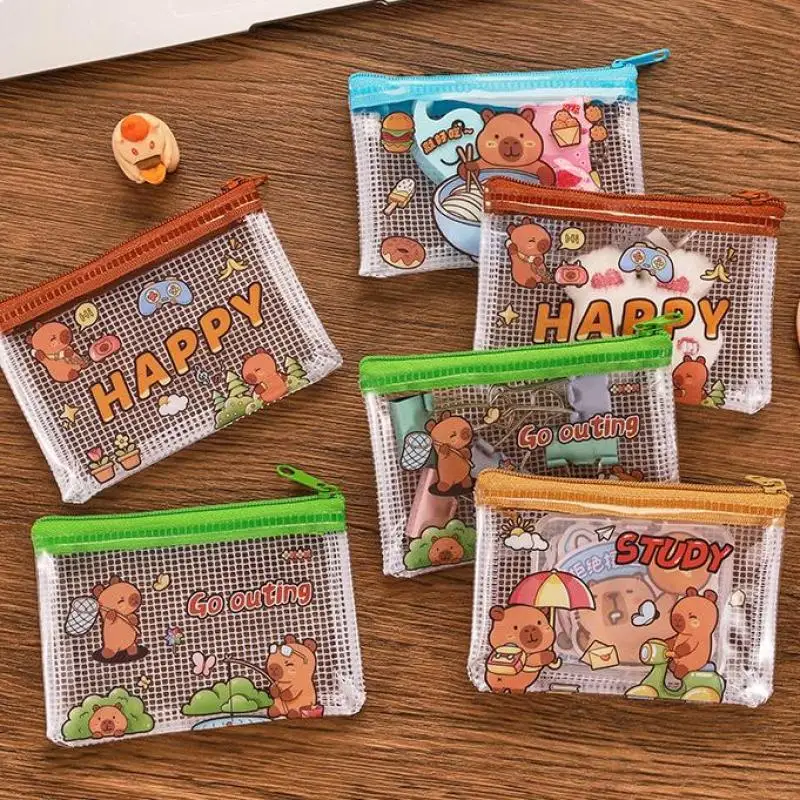 

2Pcs Waterproof Clear Cute Capybara Coin Storage Bag Transparent Mesh Zipper Coin Purses Cartoon Wallet Portable Bags Gifts