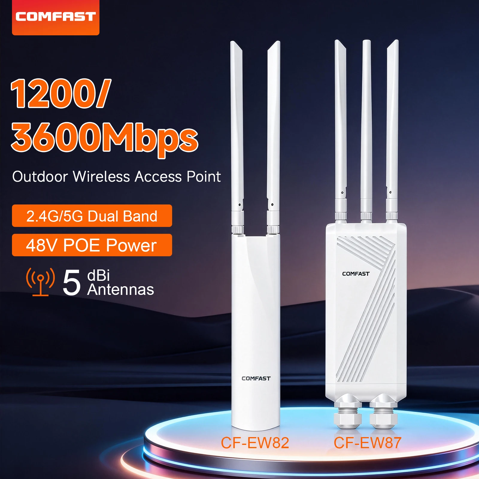 

Comfast Outdoor Wireless AP 1300/3600Mbps IP66 Waterproof 2.4G/5.8G Access Piont With 3*5dBi Antennas 48V POE/12V DC EU/US Plug