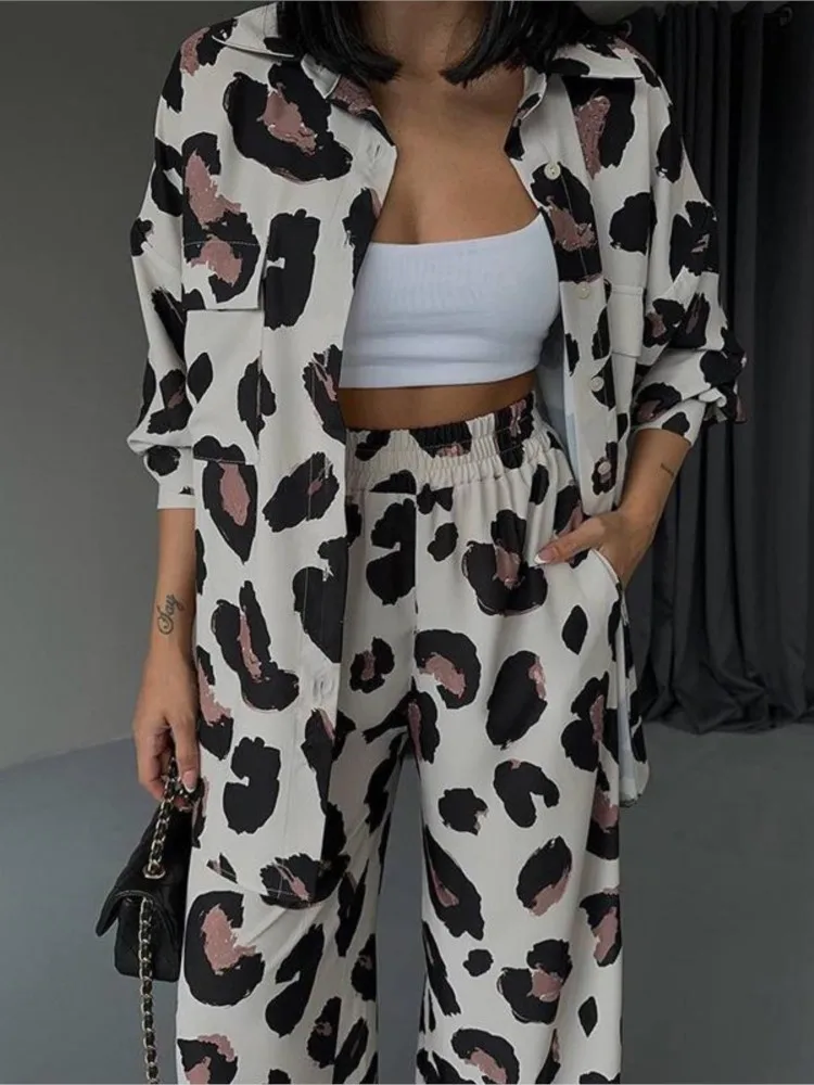 Autumn Winter Women\'s Set Lapel Casual Fashion Print Design Sense Long Sleeve Shirt Wide Leg Pants Women\'s Two Piece Set 2023