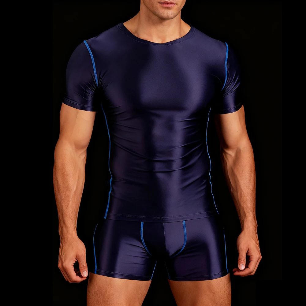 남성용 광택이 나는 부드러운 피트니스 러닝 통기성 트랙수트 스포츠 타이츠 고탄력성 빠른 건조 상의+반바지 액티브웨어 세트