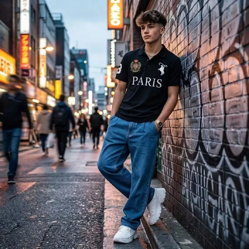 Teenager Boys Casual American College Style Letter Print Stylish Polo Shirt