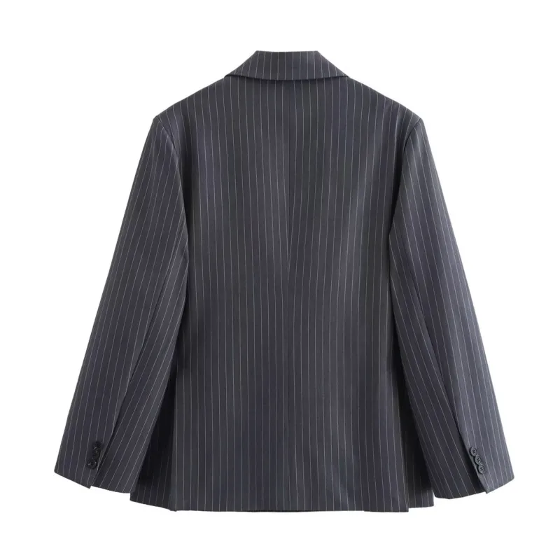 TRAF Thin Striped Double Breasted Blazer Women Clothing Autumn Loose Office Lady Pocket Decoration Woamn Coat Female Blazer