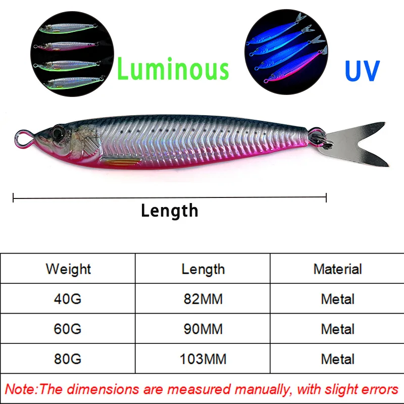 TAKEDO 40G 60G 80G Jigging Lure Metal Jig Bait Sea Fishing Lures UV Coating Aritificial Jerkbait Luminous Belly Jigbait