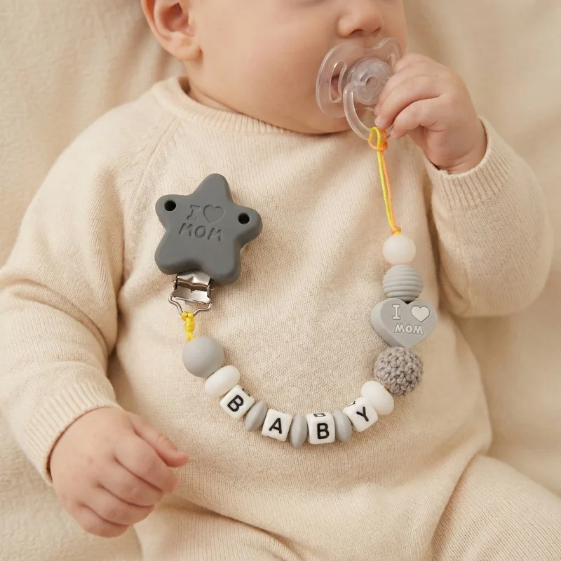 

Personalized Silicone Baby Pacifier Clip Custom Name Dummy Chain Handmade Crochet Bead Newborn Gift