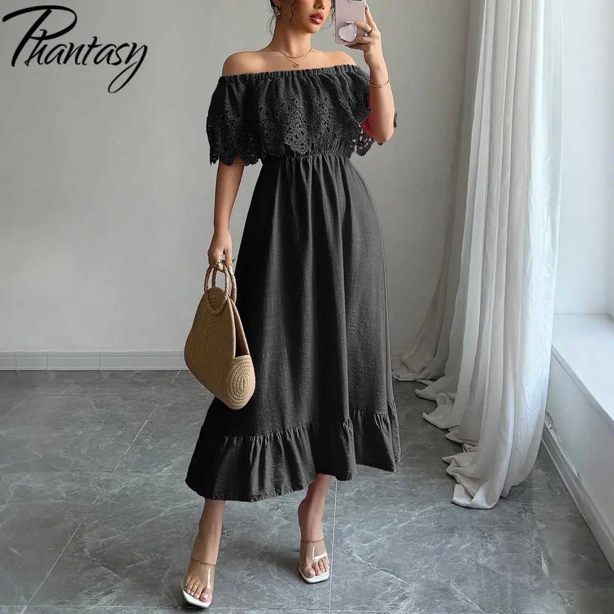 Moda coreana elegante tinta unita increspato spalle scoperte abito da festa abiti con cintura stile Boho Robe Femme Vestidos