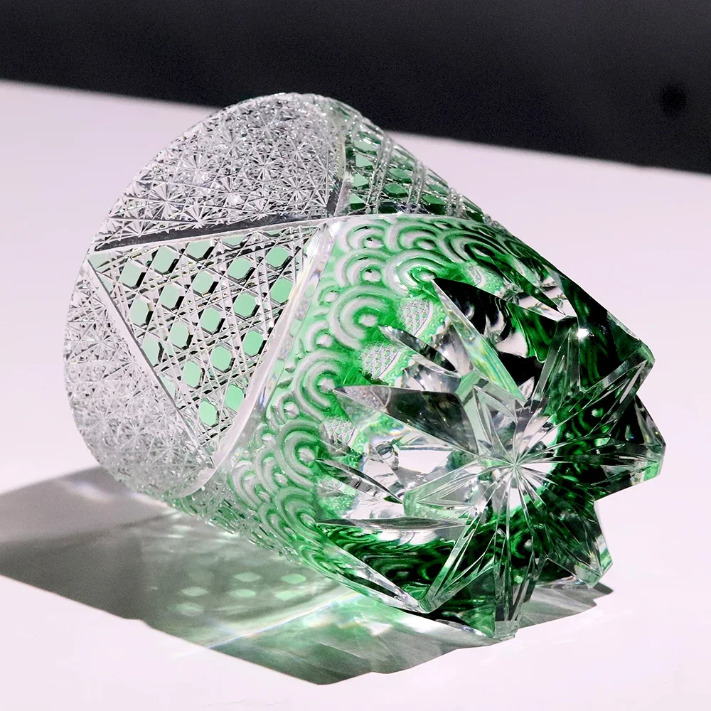 High End 320ml Lead Crystal Whiskey Glass Japanese Edo Kiriko Hand Carved Sea Wave Pattern Artwork for Luxury Home Bar