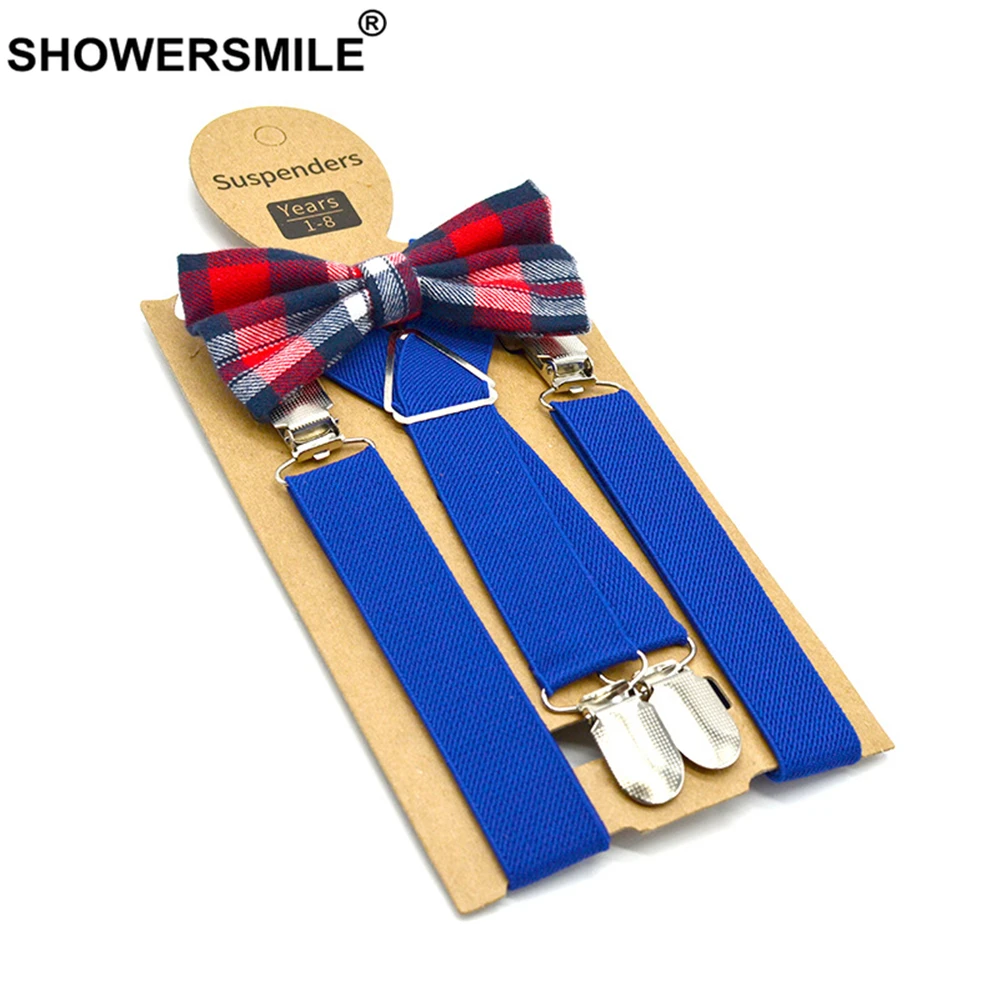 SHOWERSMILE Blue Kids Suspenders with Bow Tie Leather Children Braces British Style Wedding Red Gray Solid Boys Suspenders 65cm