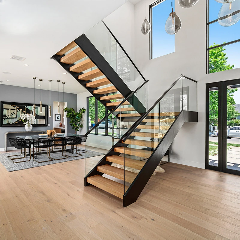 

Steel and wood double girder staircase, straight ladder, modern minimalist duplex glass guardrail, straight beam staircase