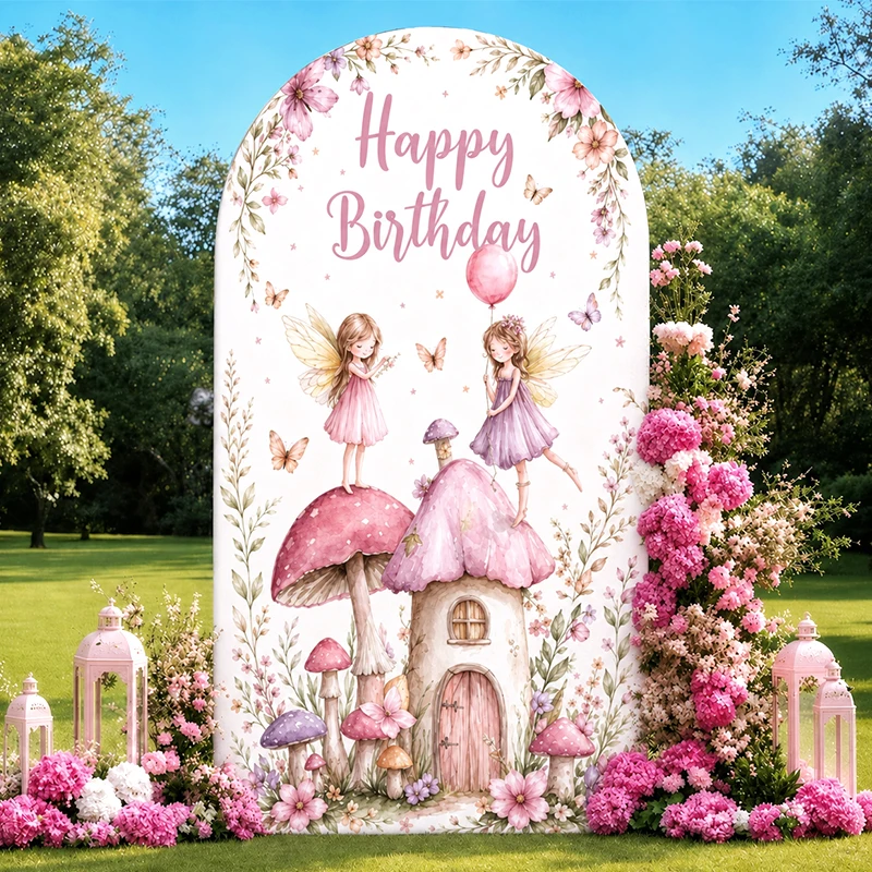 

Pink Floral Fairy Birthday Arch Backdrop Cover Mushroom Elf Design for Baby Shower Kids Birthday Party Photo Booth Decorations