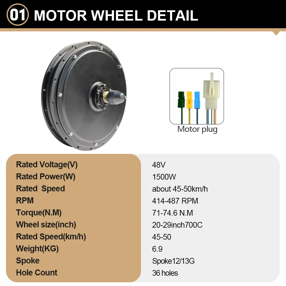 48V1500W Brushless Hub Motor E-Bike Conversion Kit 20 24 26 27.5 28 29inch 700C Bike Wheel Front Fork 100mm