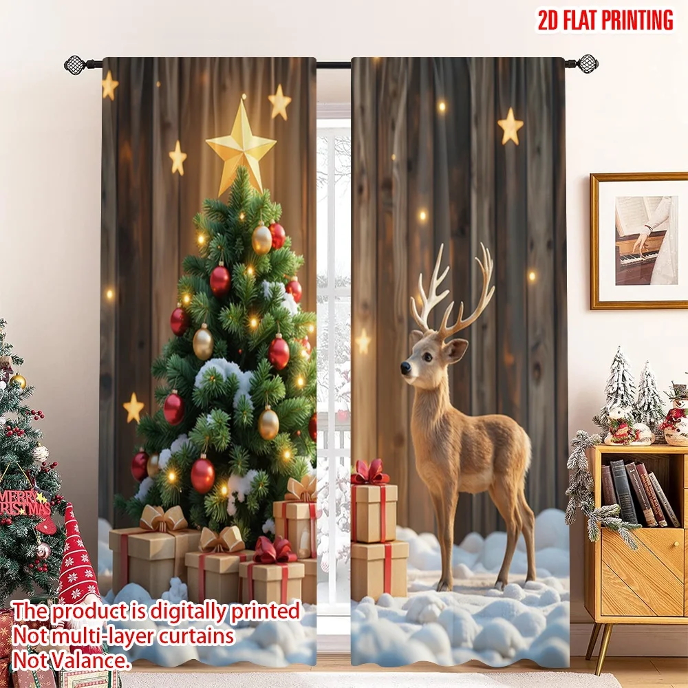 

2pcs 2D flat printing Christmas Party Curtain Christmas Tree Snowflakes Reindeer Gifts Polyester Without Electricity Holiday