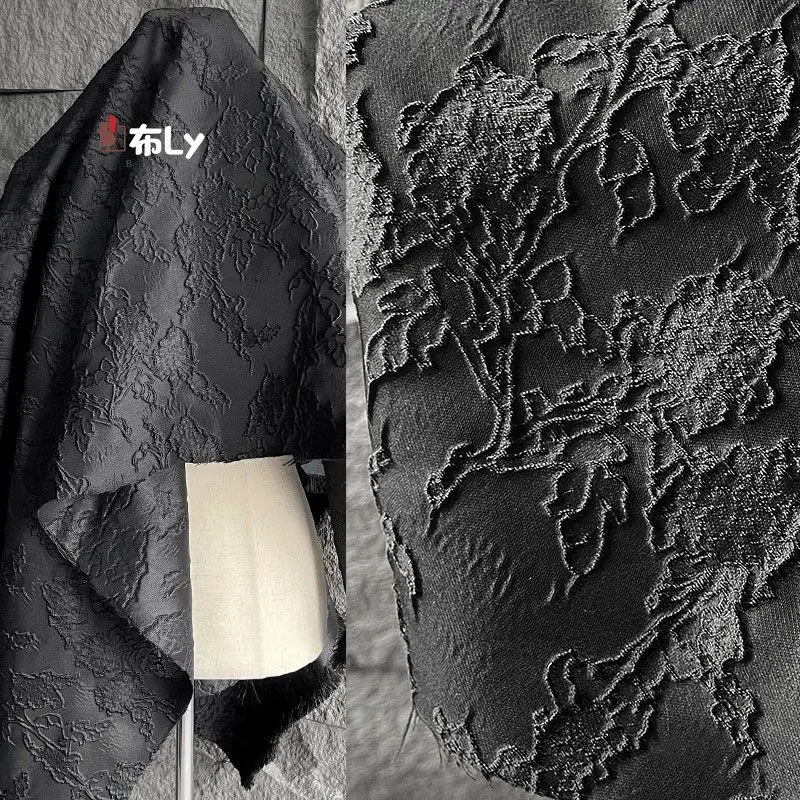 black-3d-heavy-texture-irregular-pleated-jacquard-fabric-for-qipao-dresses-designer-clothing-refashion-material