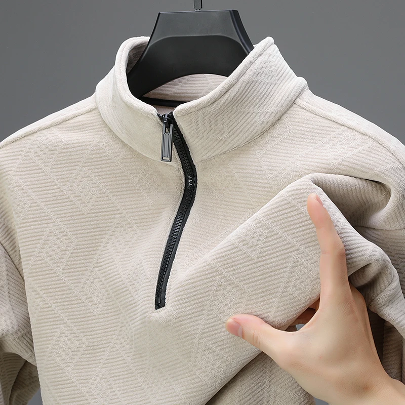 

Hot Luxury Man Long-Sleeved T-Shirt Fleece-Lined Thickened High Neck Half-Zip Geometric Pattern Winter NewHoodie Leisure MenTops