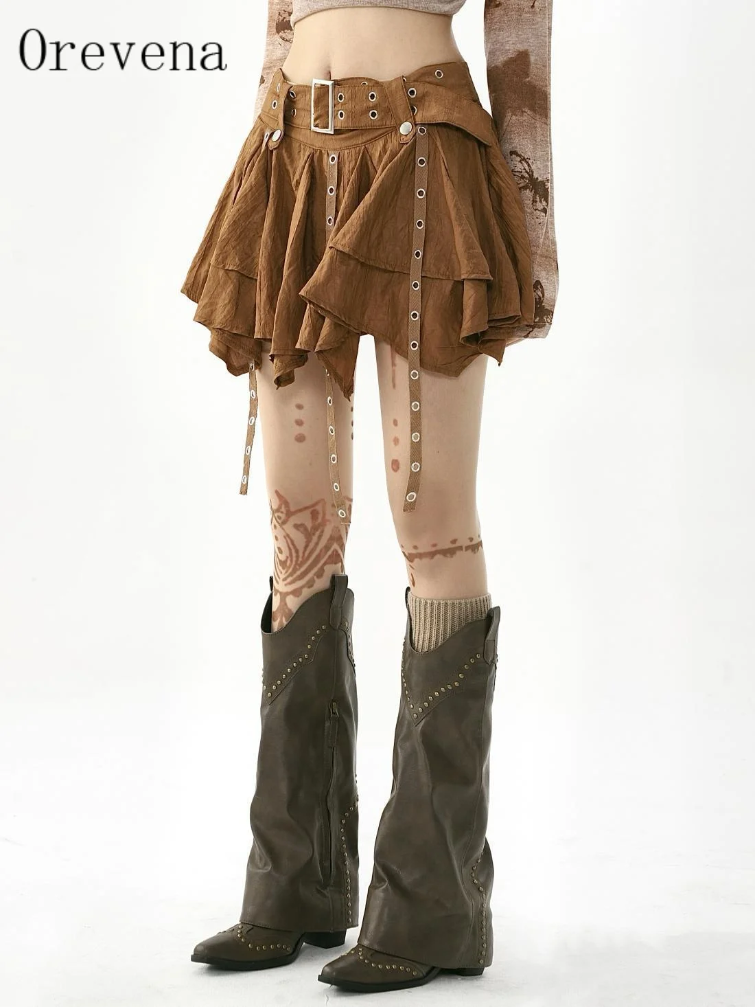 Women's Y2K Brown Grommet Belted Mini Skirt | Punk Layered Ruffle Skirt with Detachable Straps for Sexy Party Outfit