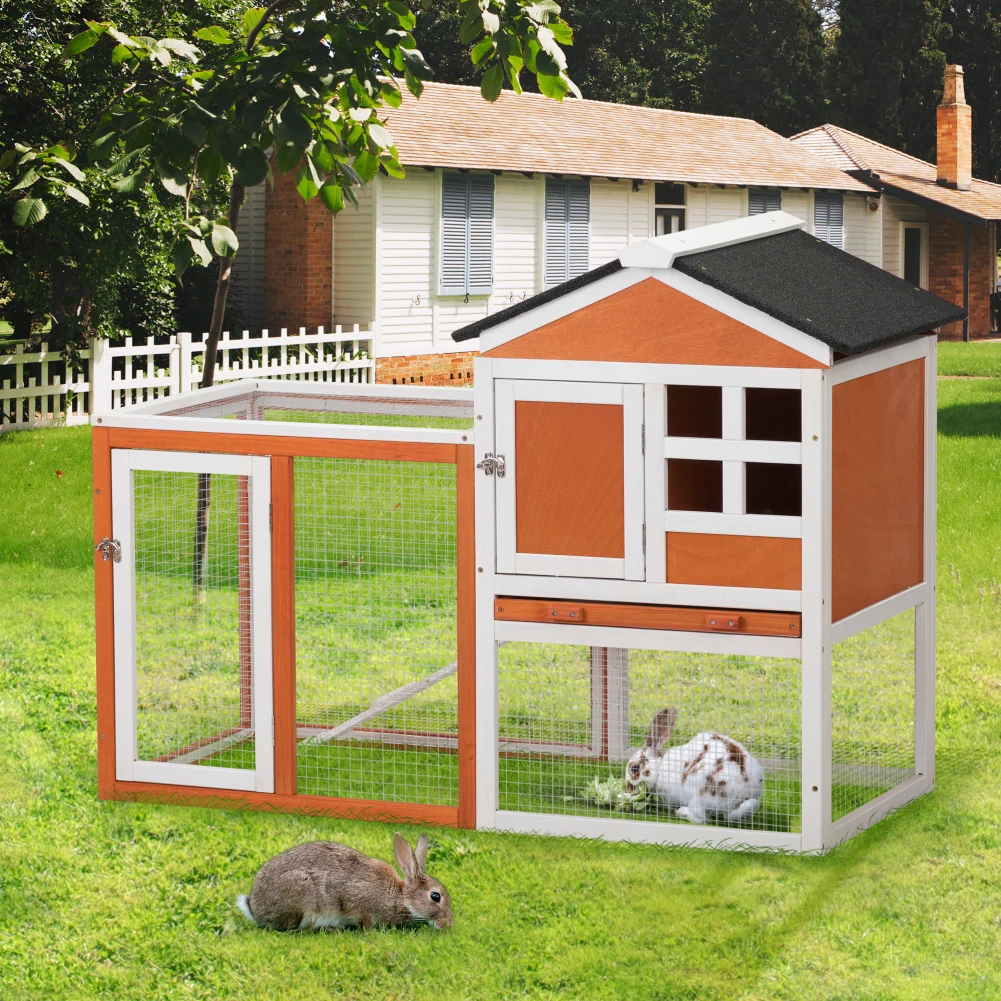 US Rabbit Hutch Outdoor Indoor Large Guinea Pig Cage With Asphalt Roofs & Run Area & Lockable Doors And Ramp For Small Animals