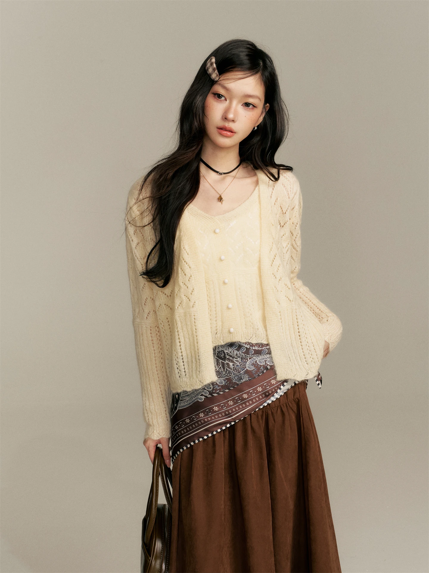 

6DEWS Women's Knitted Hollow out Hook Design Sweater Vest Set Sweet Sle Long Sve V-Ne Button Closure Two-Piece Outfit