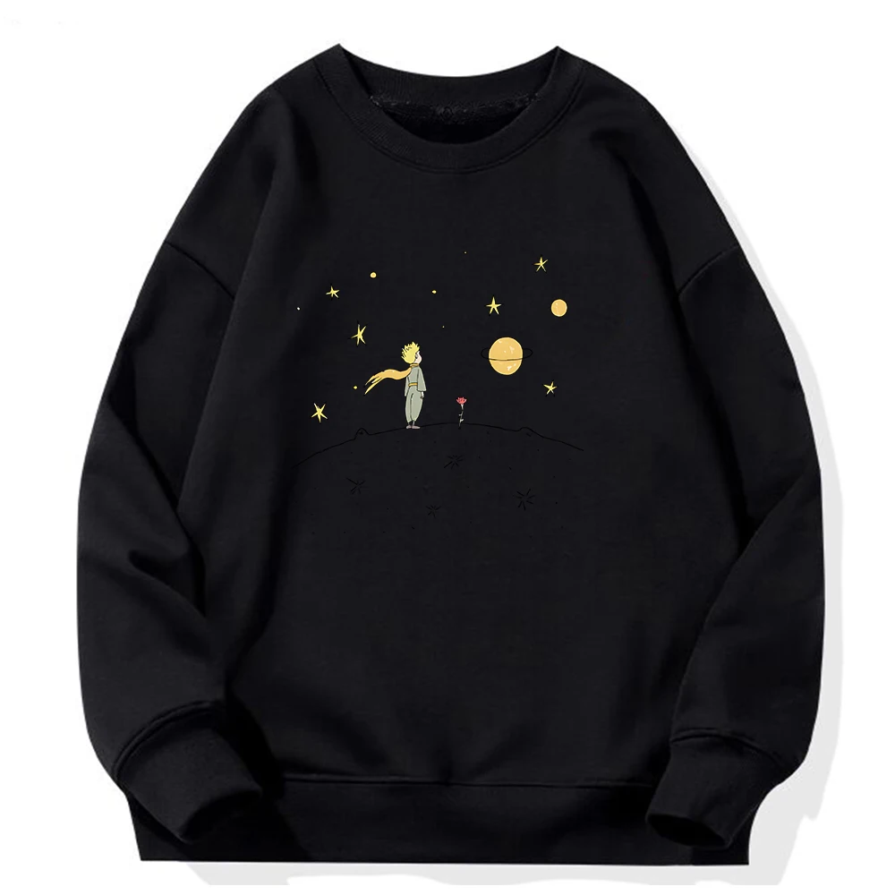 The Little Prince Print Hoodie Planet and Rose Graphic Hoody Women Sweatshirt White Pullover Female Oversized Clothes Spring Top