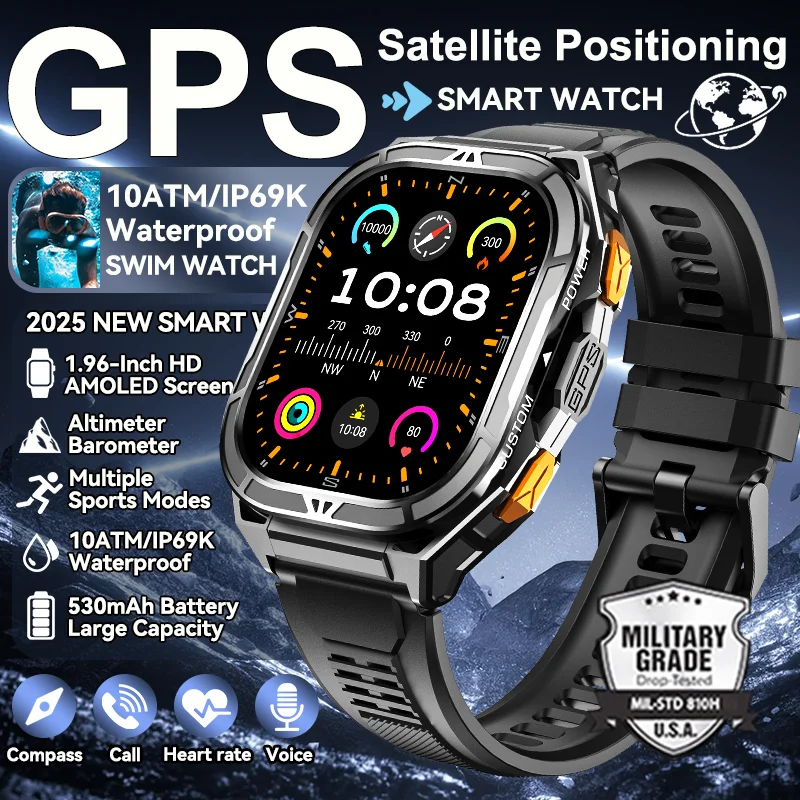 

2025 For IOS TREX3 GPS Men Smart Watch 10ATM Waterproof 1.96-inch AMOLED Screen Altimeter 530mAh Bluetooth Call Sport Smartwatch