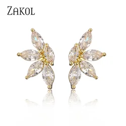 ZAKOL Korean Fashion Marquise Cut Cubic Zircon Stud Earrings for Women Simple Leaf Student Party Daily Jewelry 2023 New