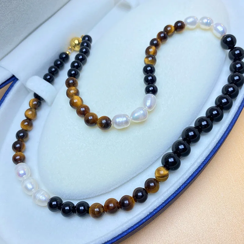 S925 Silver Special-Interest Design French Maillard Necklace Natural Pearl Black Agate Tiger Eye Advanced Clavicle Chain Female