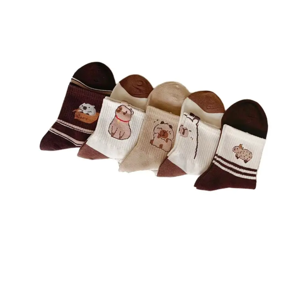 5Pairs Ins Mid-calf Capybara Socks Patchwork Stripe Cartoon Socks Cute Cotton Tube Socks Women Girls