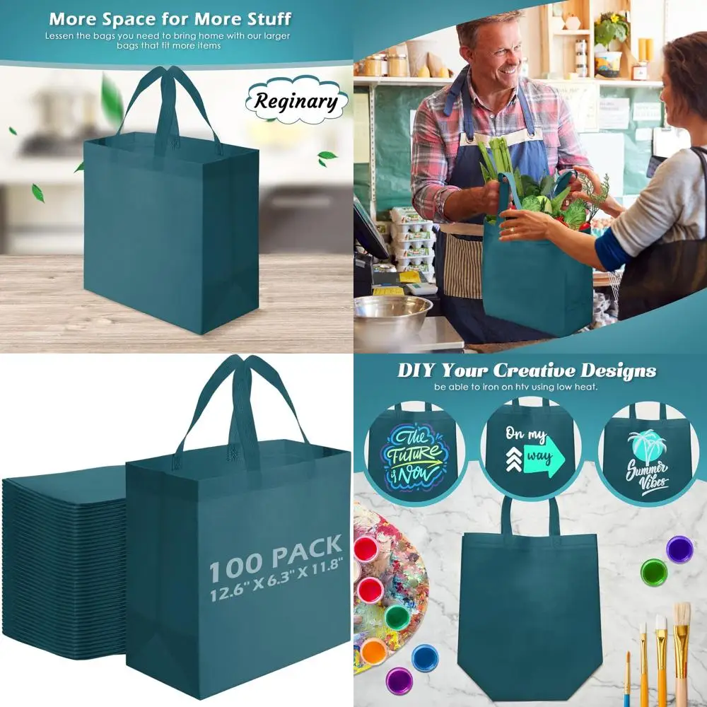 

100 Pack Reusable Totes - Eco-Friendly Non-Woven Grocery Bags for Shopping and Retail (Dark Green)