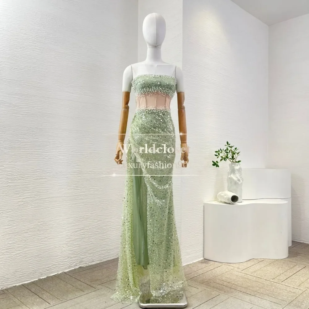 

green tube sleeveless pearl shining sequined high slit mesh maxi dress 2025