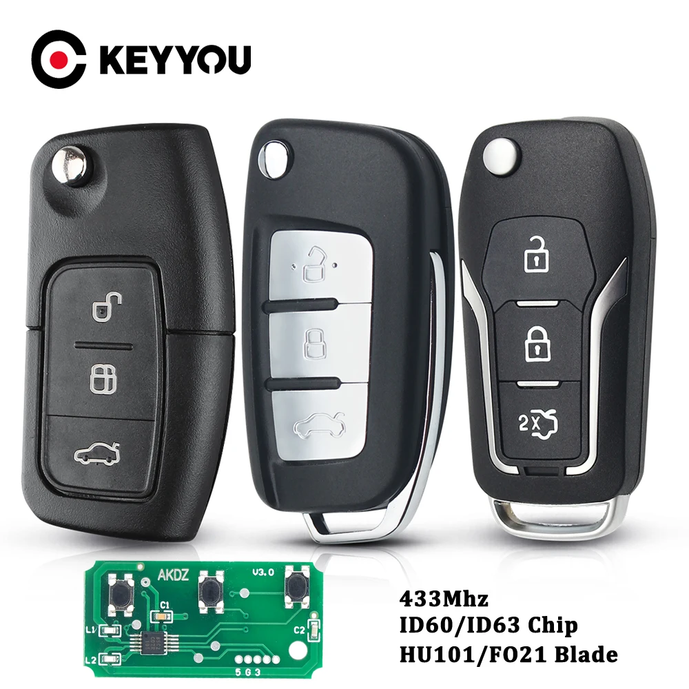 

KEYYOU 3 кнопки 433 МГц ID60/63 чип Автомобильный Дистанционный ключ для Ford Fusion Focus Mondeo Fiesta Galaxy HU101/FO21 автомобильный флип-ключ