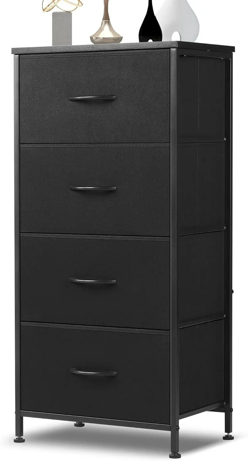 Dresser for Bedroom, 4 Storage Drawers, Tall Fabric Closet Chests Organizer Tower Furniture with Wooden Top Metal Frame