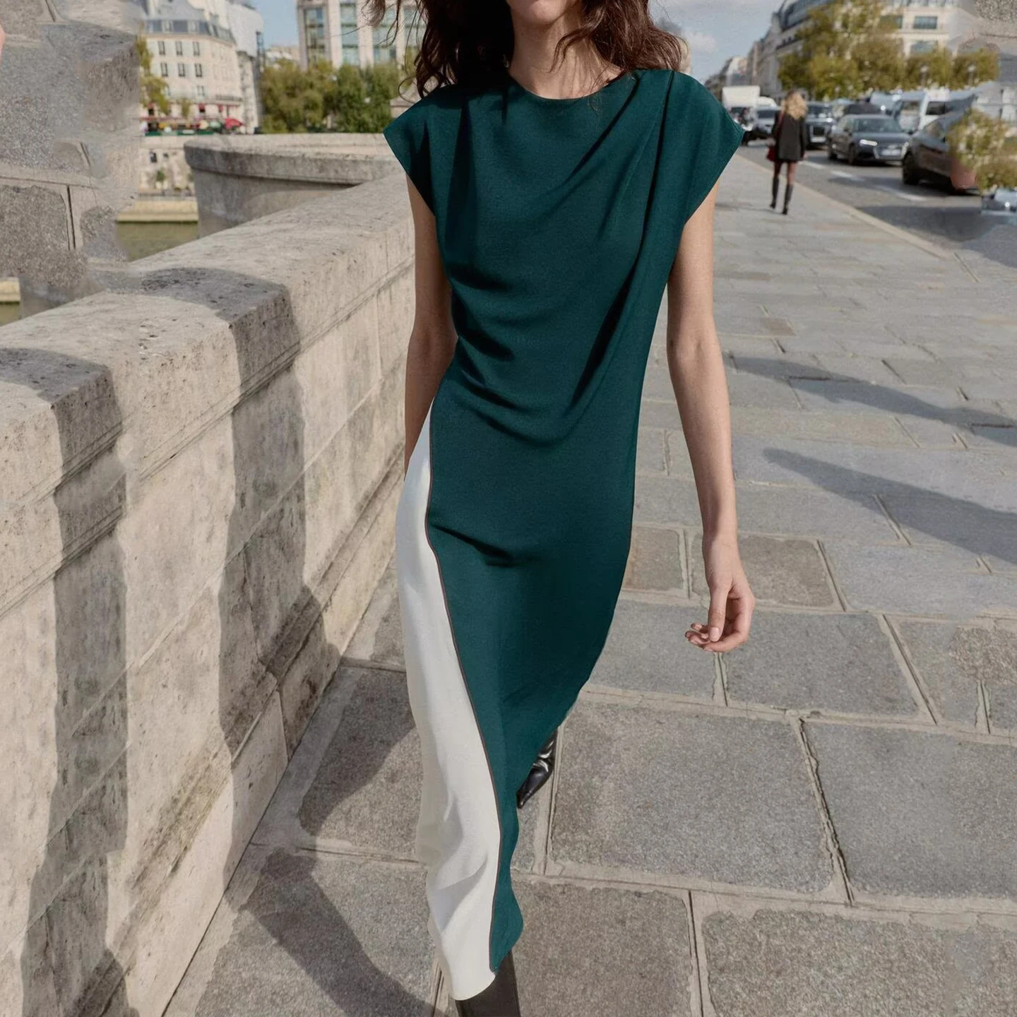 Z 2025 Novo Vestido Midi Casual de Moda, Versátil e Estiloso, com Mangas Curtas e Decote Redondo para o Dia a Dia