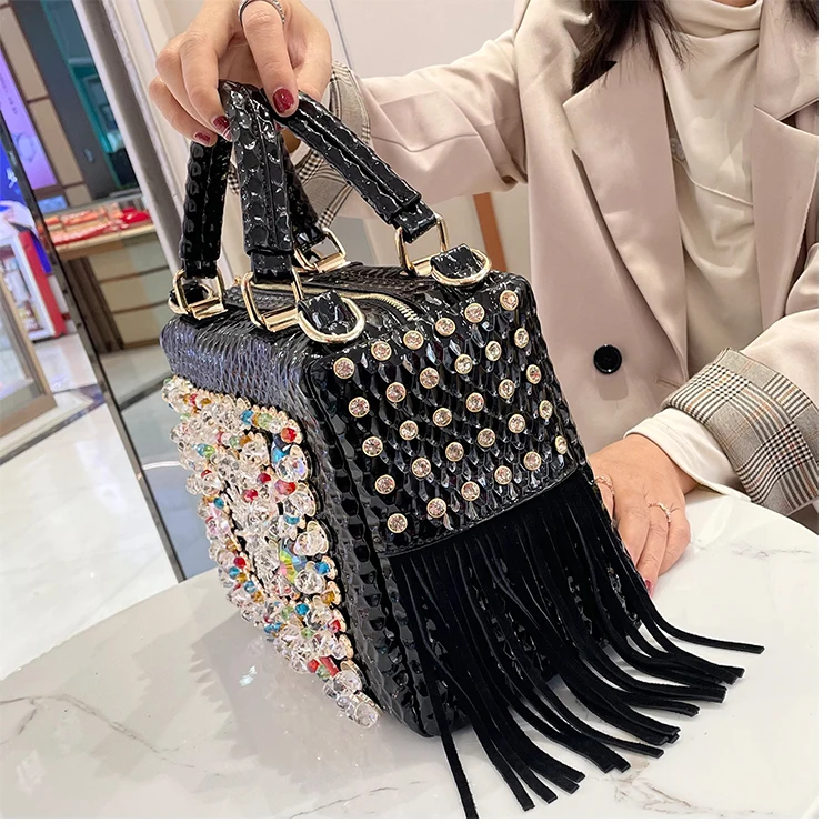 New Luxury Fashion Brand Women\'s Handbag Genuine Leather Tassel Fashion Rhinestone Large Capacity Female Shoulder Crossbody Bags