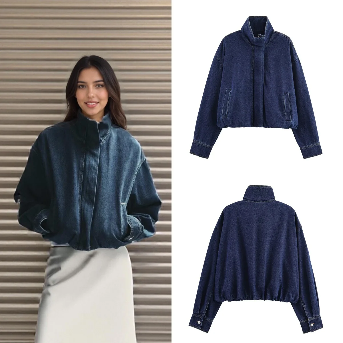 

Женская укороченная джинсовая куртка STREETWEAR, однотонное плиссированное пальто с воротником-стойкой на молнии и карманами, уличный универсальный женский топ на раннюю осень