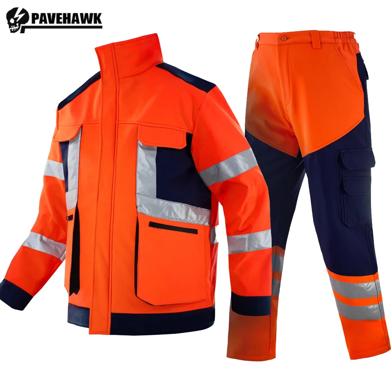 Reflective Mens Workwear Thicken Waterproof Multiple Pockets Orange Work Sets Color Block Stand Collar Jacket+cargo Pants 2-pcs