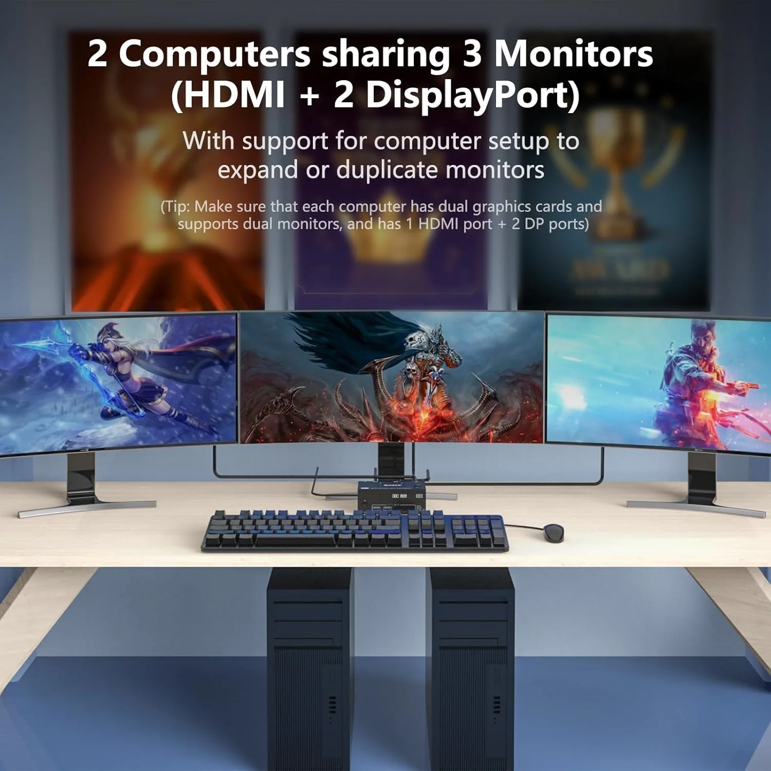 Conmutador KVM HDMI de 8K a 60 Hz 3 monitores 2 computadoras Conmutadores KVM USB 3.0 de 4K a 120 Hz para 2 PC Compartir monitor triple y 4 puertos USB