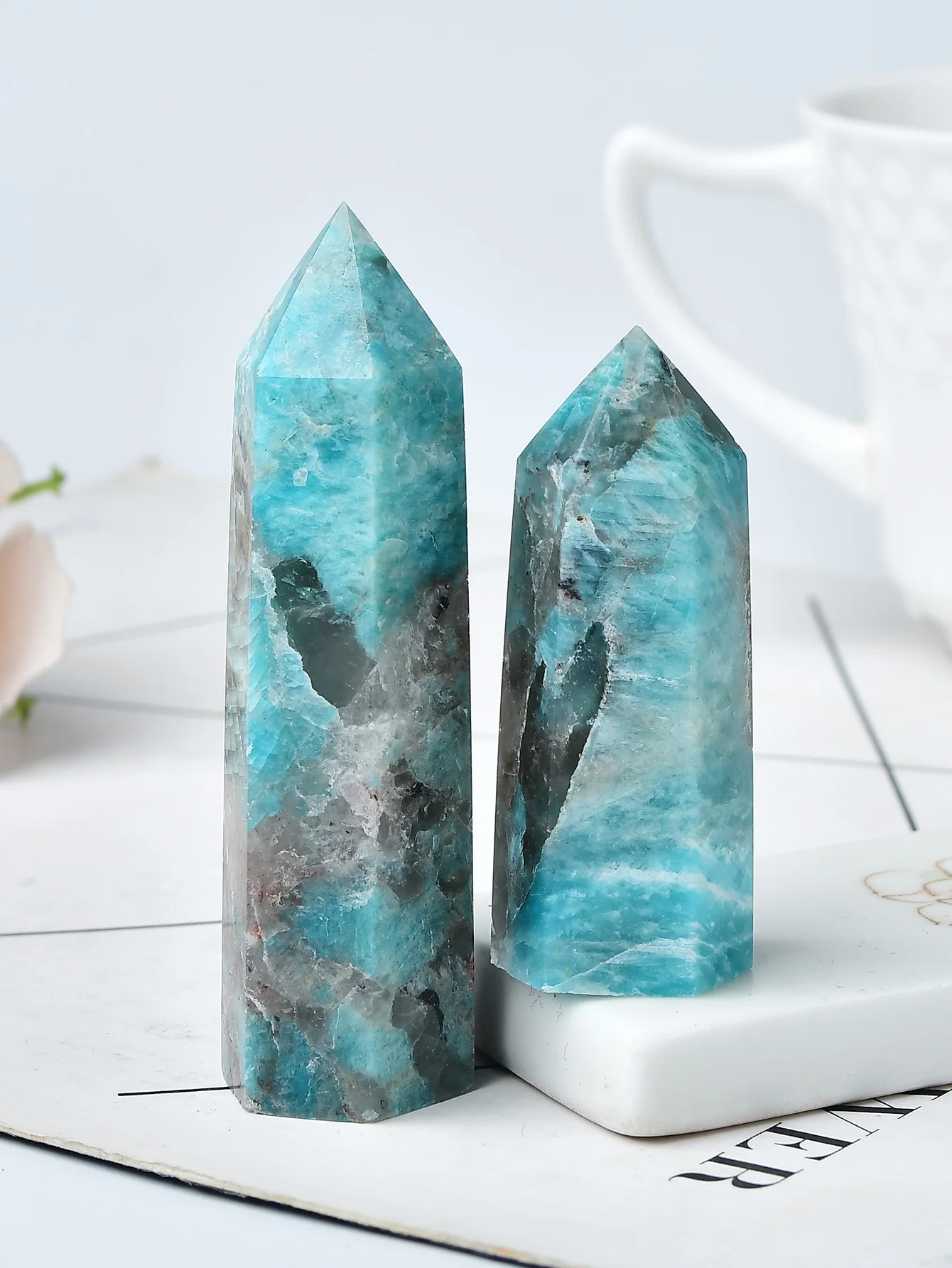 1PC Natural Amazonite and Smoky Quartz Symbiotic Crystal Point Healing Stone Obelisk Wand Ornament for Home Decor Energy Stone