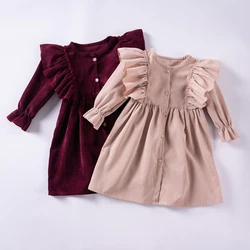 2024 Baby Girl Autumn/Winter Dress with Flying Sleeves and Princess Style Button Dress for Daily or Party Wear