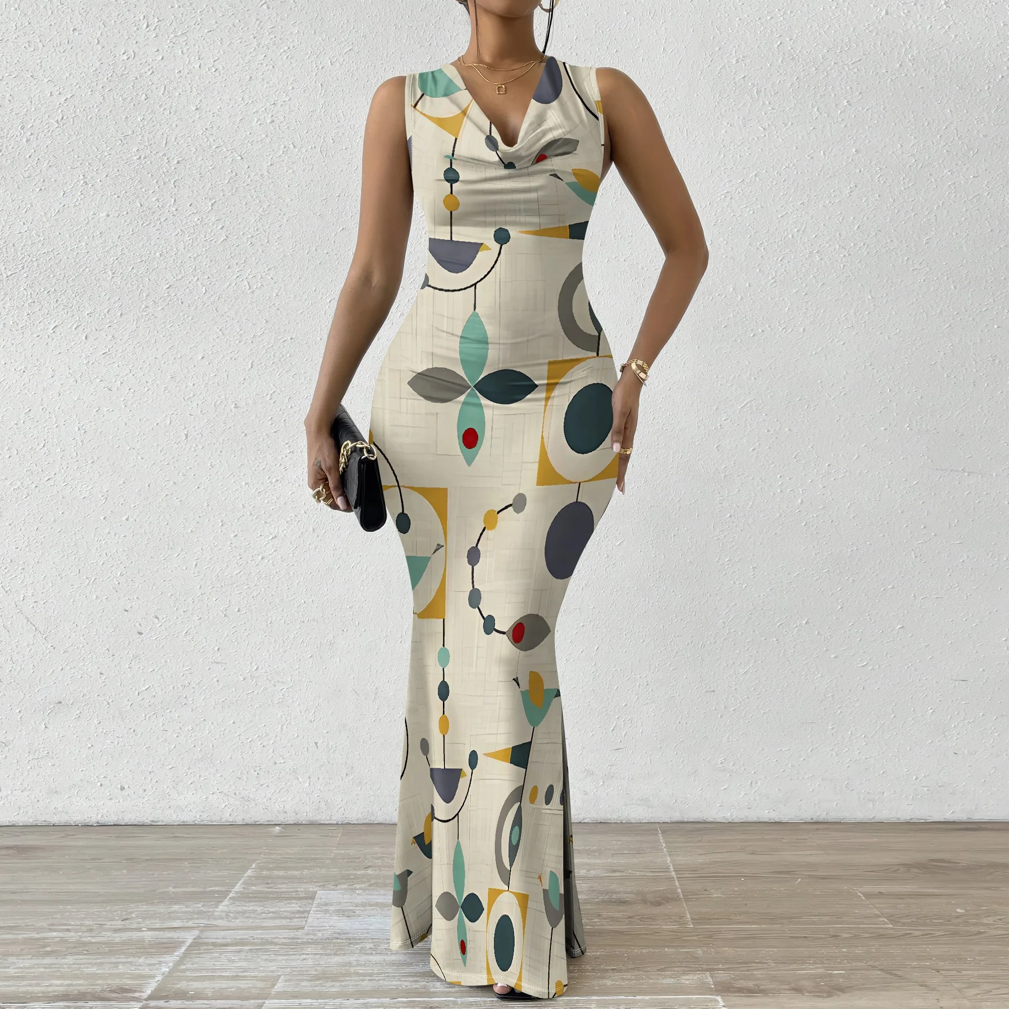 

EQQZD Sleeveless Swing Neck Bodycon Maxi Dress, Stylish & Elegant Bohemian Pattern Print Fishtail Dress for Women