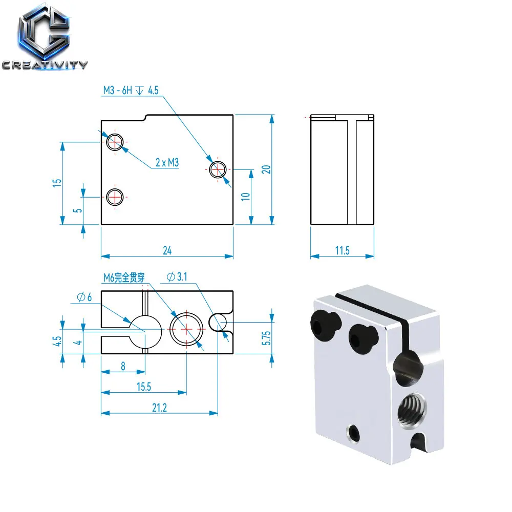 High Quality PT100 Volcano Heated Block Hotend Aluminum Brass Copper Plated Heating Block Volcano Heatblock 3D Printer Parts view 6