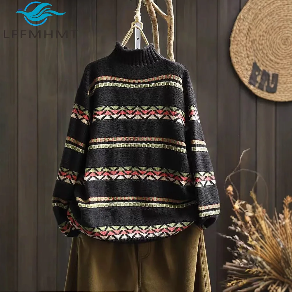 Womne's Winter Fall Fashion Striped Knitted Cotton Sweater Good Quality Loose Casual Half-turtleneck Vintage Pullover Top Female