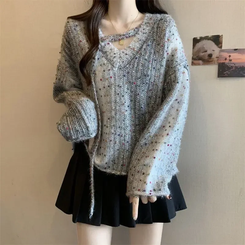 

Color dot sweater gray V-neck sweater women's autumn and winter plus size loose belly-covering slim neck long-sleeved shirt