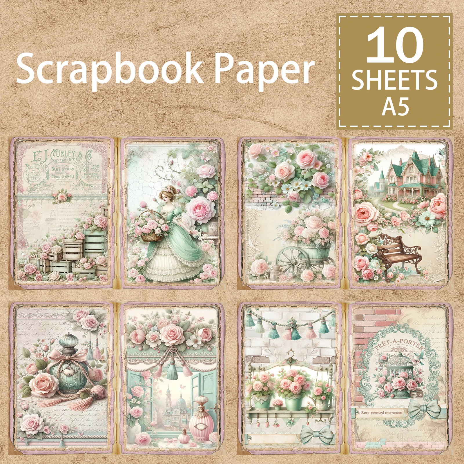 10 Sheets A5 Size Rose Garden Courtyard Girls Pink Flowers Background Vintage Grunge Journal Planning Scrapbooking