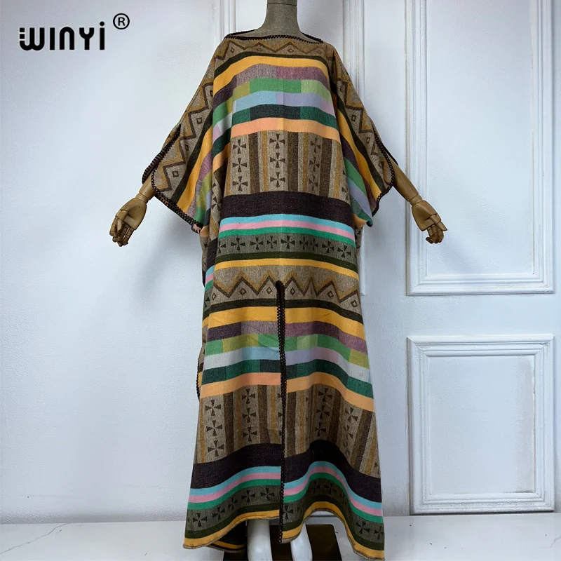 Winyi Winter Boho Nationale Wind Print Vakantie Kaftan Avondjurk Elegant Gewaad Afrika Vrouwen Kaftan Vrouwen Feest Cape Jurk Vrouwen