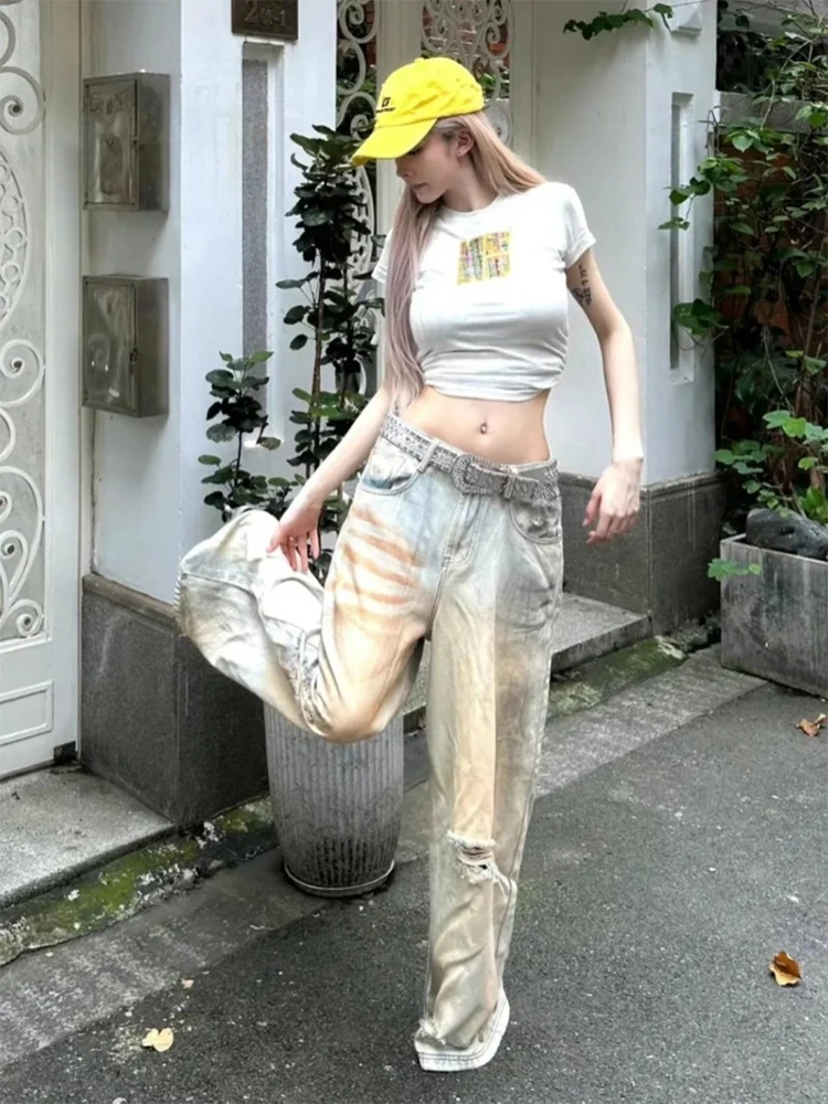 Summer Women Harajuku Baggy Ripped Hole Jeans Japanese Y2K Streetwear Tie Dye Low Rise Denim Pants 2000s Korean High Street Kpop