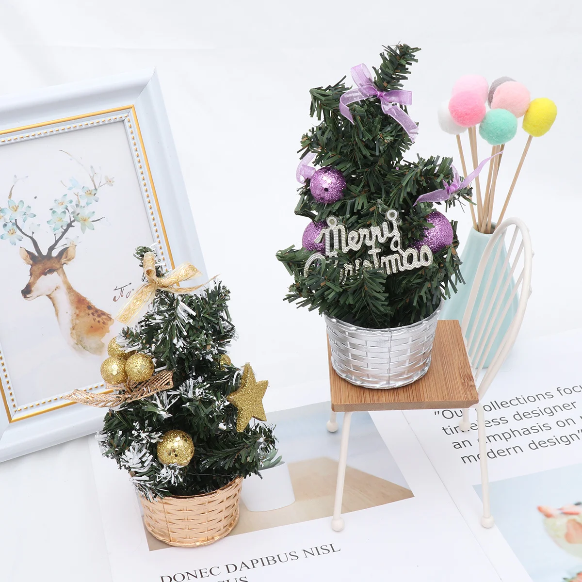 

2Pcs Christmas Decoration Mini Xmas Tree Golden Purple Artificial Ornaments for Desktop Table Party Holiday Decor